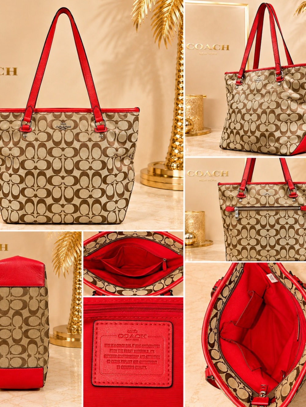 COACH Signature Jacquard Tote Bag Red Leather Trim - Picture 6 of 12